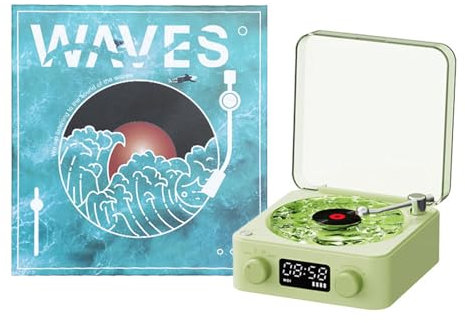 The Waves Vinyl Player, Speaker for Record Player with Adjustable Light, Digital Clock, 4 Natural Sound Effects and 360° Surround Sound (Green)