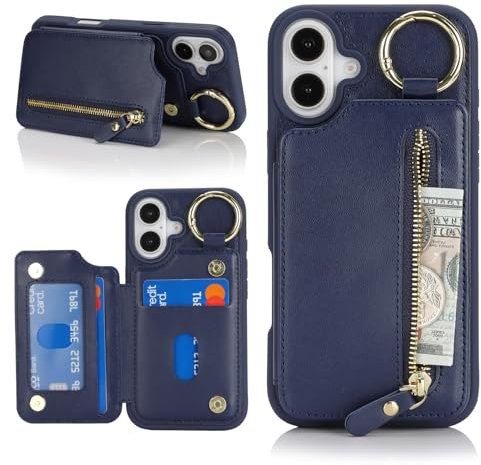 Havaya Coque pour iPhone 16 avec Porte Carte Etui für iPhone 16 avec Mousqueton Porte clé Porte Monnaie Femme Cuir zippé Housse - Bleu foncé