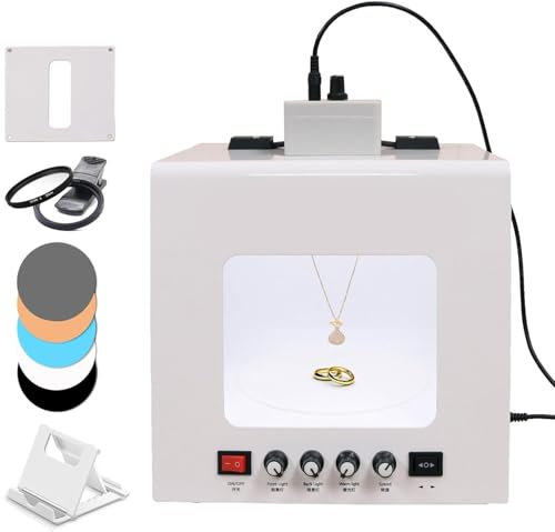Annuod Mini Photo Studio Light Box with 360° Turntable & Hanging Bracket, 3000-5500k Dimmable Jewelry Shooting Tent Softbox, Jewelry Product Photography Display Box with 5 PVC Backdrops