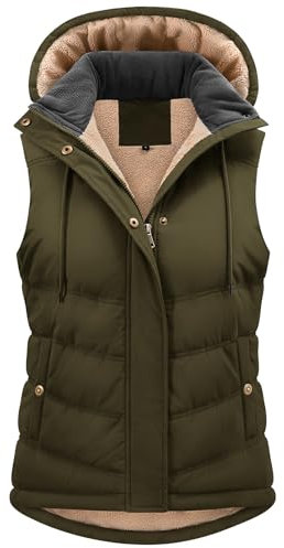 Tuopuda Women's Quilted Gilet for UK Body Warmer Zip Thick Fleece Vest Ladies Bodywarmers Stand Collar Vest with Removable Hood Waistcoat Sleeveless Jacket for Spring Fall Winter, Army Green, L