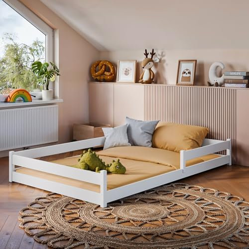 Kids Collective Kinderbett Bodenbett 120x200 cm mit Rausfallschutz & Lattenrost Montessori Bett Bed Gitterbett Kinder Jugendbett Einzelbett optional mit Matratze | weiß