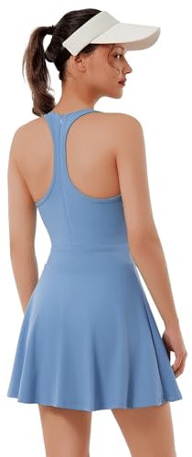 Bezioner Tenniskleid Damen Racerback Golfkleid mit Integriertem BH Shorts Taschen Reißverschluss Tennis Outfit Sportkleider Blau M
