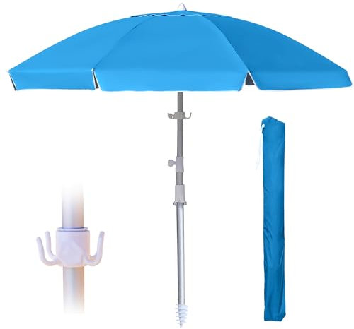 LANMOUNTAIN Sombrilla de playa grande de 8 pies, resistente al viento, portátil, con poste inclinable y anclaje de arena, bolsa de transporte de hombro, protección UV 50+, diseño de rejillas de