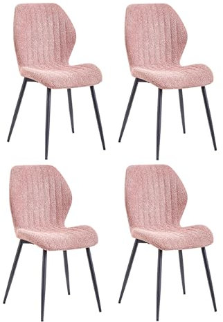 JZGORC Lot de 4 Chaise de Salle à Manger, Chaise de Cuisine en Lin, avec Pieds en Métal Noir, Coussin en Tissu Rempli D'éponge à Rebond Haute Densité, Convient pour Salle à Manger, Cuisine - Rose