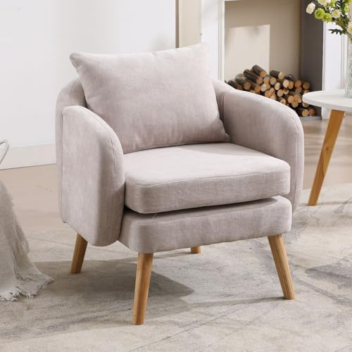 Ya-Home Moderner Sessel aus Chenille Einzelsofa Wohnzimmer Loungesessel mit Armlehnen gepolsterter Armlehnensessel Ohrensessel mit Holzbeinen, Grau