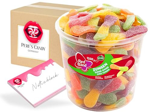 Pere's Candy Bundle für Red Band Fruchtgummi Dosen Zungen Super Sauer 1200g | Pilze, Schnuller & Mehr + Pere's Candy Notepad DIN A7-25 Blatt