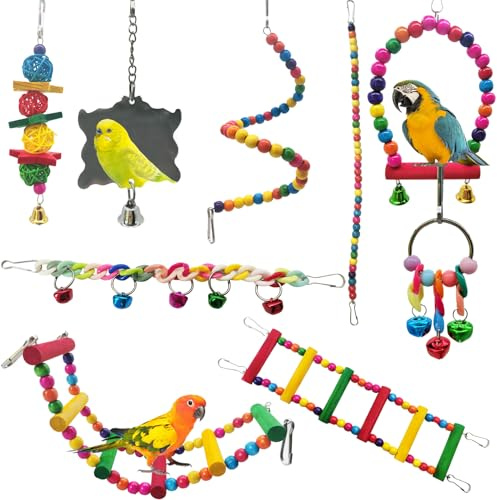 LWINGFLYER Vogelspielzeug Papagei Schaukel Papagei Kauen Naturholz Hängende Glocke Vogelkäfig Schaukel Spielzeug Geeignet für hängendes Spielzeug Vogelkäfig Zubehör(7 Stück )