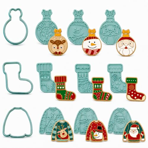 PTaizjjz 12-teiliges Weihnachts-Ausstechformen-Set, Weihnachtsstrümpfe, Pullover, Laternenformen, Keksausstecher, Elch, Schneemann, Weihnachtsmann, Muster für Weihnachten, Kekse, Backen