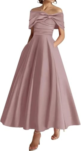 YIANN Abito da donna con spalle scoperte per madre della sposa, lunghezza da tè, con tasche, abito da sera formale in raso, Rosa polvere, 48