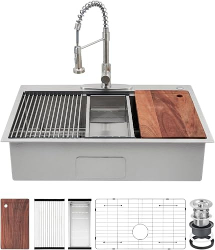 GarveeMore Küchenspüle, Drop-In Edelstahl-Spüle mit einer Schüssel und Zubehör, Moderne Top Mount Workstation Spüle mit Herunterziehbarem Wasserhahn für Bar Küche