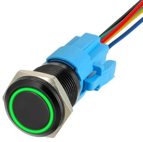 JAMHER 19mm 12V DC interrupteur à bouton poussoir autobloquant 1no1nc interrupteur SPDT avec interrupteur étanche à LED annulaire pour trou de montage de 0,74 avec prise de courant (Vert)