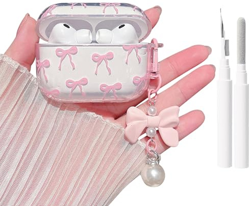 MINSCOSE Compatible with AirPods Pro 3rd Generation Case (2025),Cute Bow Pattern Ribbon Girly Design with Bow Pearl Keychain,Soft TPU Protective Shockproof Case for AirPods Pro 3-Pink