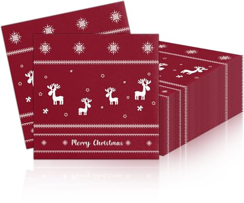 PIujsym Servietten Weihnachten, 40 Stück Rot Weihnachts Servietten mit Rentier Schneeflocken Muster, Weihnachtliche Tischdeko Papierservietten Einweg für Weihnachten Party Familienessen Büroparty