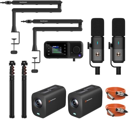 NearStream PodKit Duo, Podcast-Duo-Set für Livestreaming & Aufnahmen | Mit 2 VM20 Kameras, 2 AM25X Mikrofonen, 1 AMIX40U Mixer, 2 ST20 Mikrofonarmen, 2 Kamerastativen und 2 XLR-Kabeln.