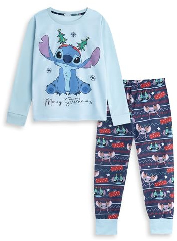 Disney Lilo & Stitch Merry Stitchmas Unisex Kinder Langarm-Pyjama-Set mit Langen Beinen | Hellblaue, Dunkelblaue & Rote Weihnachtsnachtwäsche | Lilo & Stitch Merch
