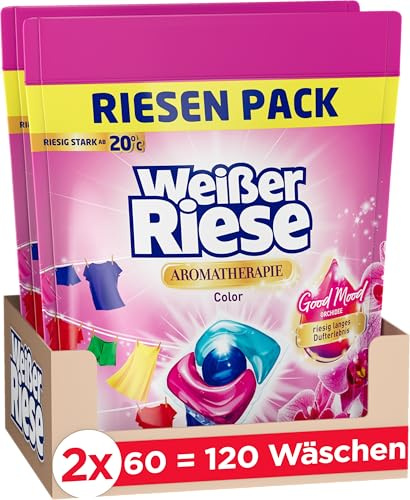 Weißer Riese Trio-Caps Color Waschmittel (120WL) Aromatherapie Orchidee | Riesig langes Good Mood Dufterlebnis in entspannter Stress-Frei Großpackung, strahlend saubere Wäsche, Waschmaschinen Tabs