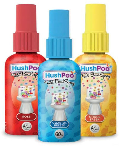 HushPoo Pack of 3 Toilet Bowl Spray 3 x 60ml Poop Air Freshener Spray Before You Go for Public Bathrooms, Offices and Home, Travel-Friendly Cleaning Solution for Poo Odours