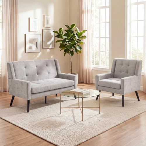 119cm 2-tlg. Sofa Set, Zweisitzer+Einzelsitzer mit Tufting, Leinenstoff | Hellgrau für Wohnzimmer und Büro, tabilen Metallbeinen,Mittelalter-Retro-Stil