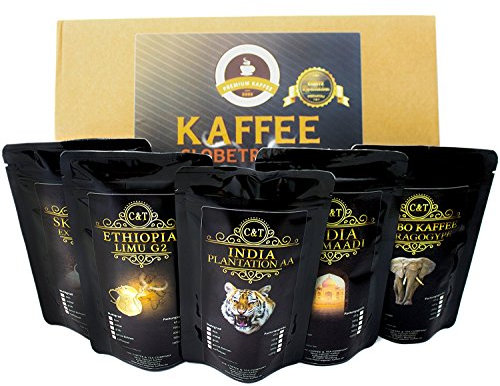 Kaffee Globetrotter - Echte Raritäten - Box (Mittel Gemahlen [Filter+Hand]) - 5 Mal 100g Raritäten Spitzenkaffee - Werden Sie Zum Entdecker - Geschenk Set - Länder Kaffee aus aller Welt