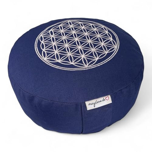 Meditationskissen Yogakissen Blume des Lebens mit Kordelverschluss gefüllt mit Bio-Dinkelspelzen für Anfänger (H:15 cm) und Fortgeschrittene (H:10 cm) (Blume dunkelblau, H: 15 cm)
