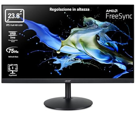 Acer CB242Ybmiprx Monitor Professionale FreeSync, 23,8, Display IPS Full HD, 75 Hz, 1 ms, 16:9, VGA, HDMI 1.4, DP 1.2, Lum 250 cd/m2, Speaker Integrati, Regolazione in Altezza, Cavo HDMI Incluso