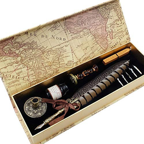 GC QUILL Antiker Federstift, einzigartig, halb gemustert, mit 6 Federn, 1 Flasche Tinte, 1 Siegelstempel, 1 Stifthalter, 1 Siegelwachs LL-149