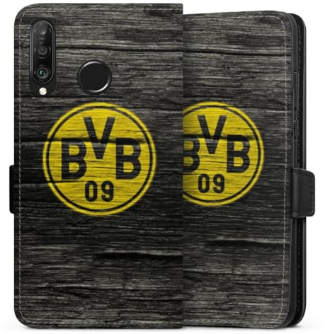 Klapphülle kompatibel mit Huawei P30 Lite Handyhülle aus Kunst Leder schwarz Flip Case Borussia Dortmund BVB Holzoptik
