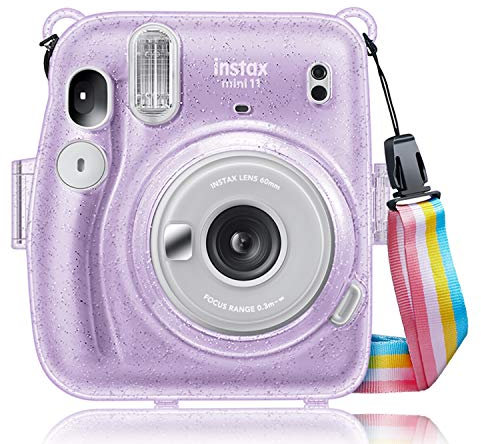 Fintie Tasche für Fujifilm Instax Mini 11 Sofortbildkamera - Transparent Hart PVC Schutzhülle Reise Kameratasche Hülle Abdeckung mit abnehmbaren Riemen, Schimmernd Lila