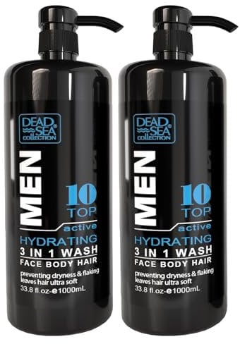 Dead Sea Collection Mens Shower Gel 3 in 1 Top 10 Active - Body Wash with Dead Sea Salt, Shampoo for Men, Face Wash - Pack of 2 (1000 ml. each)