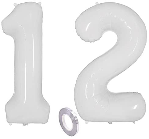Weiß Luftballons Zahl 12. Geburtstag deko Mädchen Junge,Zahlen Ballon 12 Geburtstag deko, 40 Zoll Heliumballon 12 jahre Geburtstagsdeko Mädchen Junge Aufblasbar Helium Folienballon 12 Weiß（12）