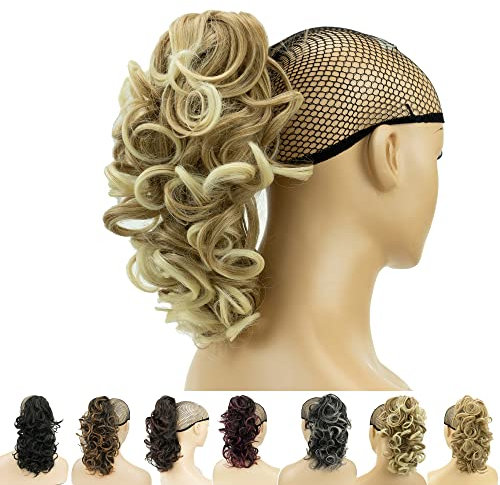 IMISSU Extensiones de cabello de cola de caballo con garra corta y rizado desordenado Clip de cola de caballo en postizos para mujeres (Miel sucia rubia)