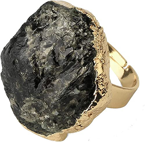 Naturstein Gold Ton Einstellbarer Ring Unregelmäßiger Schwarzer Turmalin Blauer Kristall Fingerringe für Frauen Trendiger Schmuck, C-F