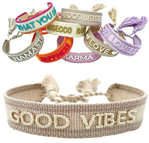 LS-LebenStil Exklusives Statement Armband Quasten besticktes Boho Canvas Webarmband (Good Vibes)