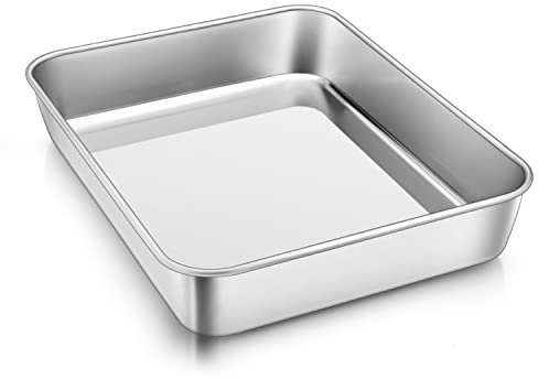Herogo Bandeja de horno de acero inoxidable, rectangular honda (23x17x5 cm), bandeja pequeña para horno, sartén para cocinar/servir, no tóxico y saludable, acabado de espejo y apto para lavavajillas.