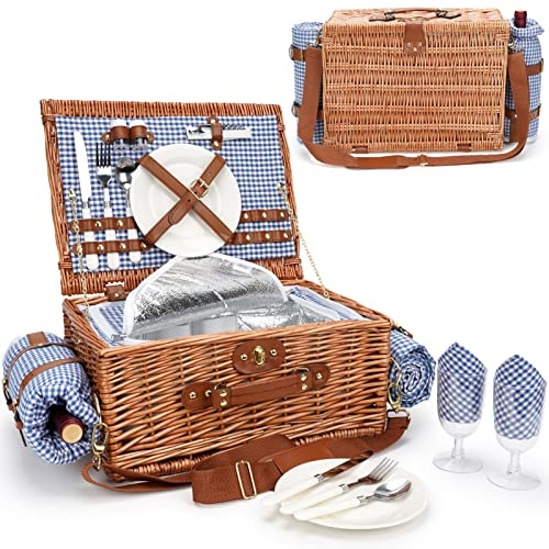 Picknickkörbe für 2, Picknickkorb mit wasserdichter Decke, Picknickkorb-Set mit waschbarer Strandmatte & großem isoliertem Kühlfach, handgefertigter natürlicher Weidenkorb für Camping, Outdoor-Party