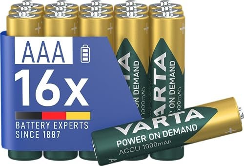 VARTA Piles AAA, rechargeables, lot de 16, Recharge Accu Power on Demand, batterie rechargeable, 1000 mAh Ni-MH, sans effet mémoire, préchargées, prêtes à l'emploi