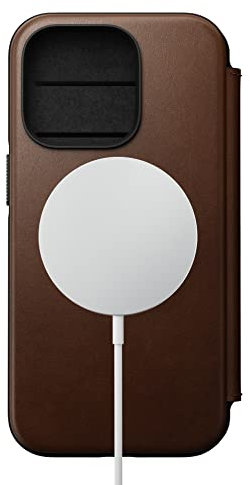 NOMAD Moderne Lederhülle für iPhone 14 Pro, Brieftaschenformat, Klapphülle mit 3 Kartenfächern, schützender Bumper, Mag Safe & kabelloses Laden - Rustikales Braun