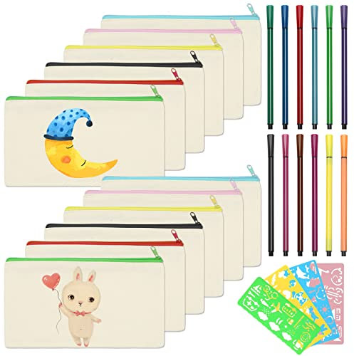 Ruicaifu 12 Stück DIY Stoff Federmäppchen zum Bemalen, Blanko Kinder Stoffbeutel mit 12 Buntstift + 4 Zeichenvorlagen für Basteln Kindergeburtstag Kosmetiktasche Aufbewahrung