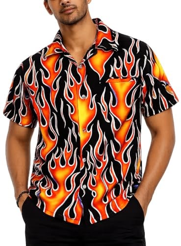 King Kameha Hawaiihemd Herren Kurzarm - Grünes Hawaii Hemd Männer Flammen - Hemd Herren Kurzarm Hawaii Outfit - Hawaiian Shirts for Men - Flames, Orange, 5XL