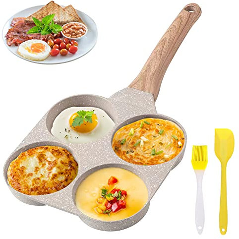 RANJIMA Poêle à œufs Frits, Modèles Améliorés 4 Trous en Aluminium avec Poignée en Bois Isolée avec 1 Brosse à Huile pour œufs frits et Hamburgers, Poêle à Crêpe pour Induction et Gaz