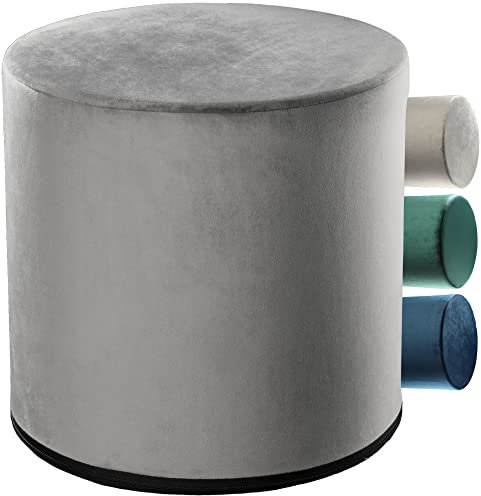 KADAX Velourshocker, 40x40cm Samthocker, Sitzpouf aus Velour in 3 verschiedenen Faraben, Fußbank mit abnehmbarem Bezug, Zylinderförmiger Polsterhocker (Grau)