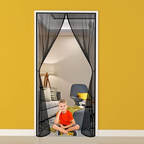 Magnetic Fly Insect Screen Door, 80x195cm Magnetised Mesh Door Curtain, Door Curtain Mesh Curtain for Kitchen/Living Room/Bedroom/Kitchen(Black)