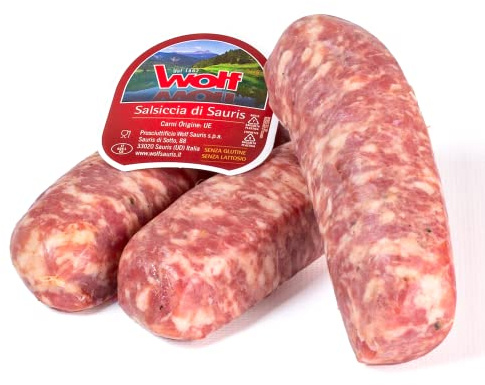 Wolf, Sauris Wurst, 3 Stück, Leicht geräuchert mit Buchenholz, Sorgfältig ausgewähltes Schweinefleisch, Glutenfrei, Vakuumverpackt, 230 g (mind. Nettogewicht garantiert)