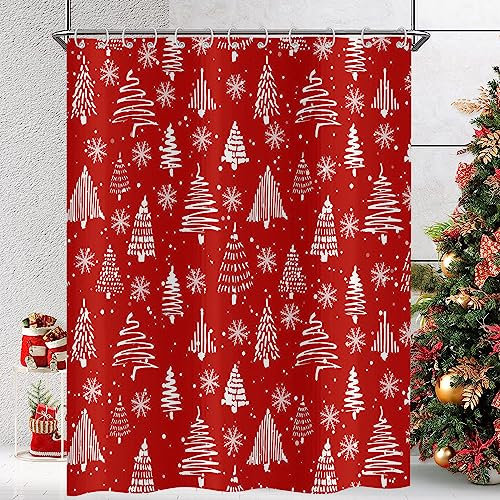 Hnmdmyi Duschvorhang Weihnachten 180x180, Rot und Weiß Weihnachtsbaum Winter Schneeflocke Happy New Year Urlaub Badewanne Vorhang Wasserdicht Polyester Stoff Waschbar Badevorhang mit Haken