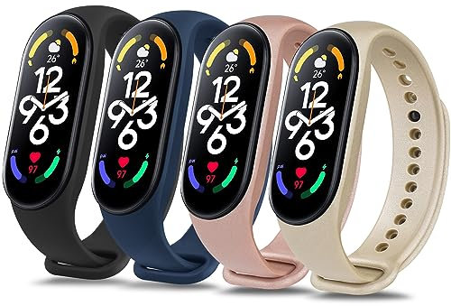 Mugust 4Pack Correas para Xiaomi Mi Band 7 Mujer Hombre,Silicona Coloridos Recambio Suave Pulseras de Repuesto para Xiaomi Mi Smart Band 7(Negro/Azul marino/Oro rosa/Oro)