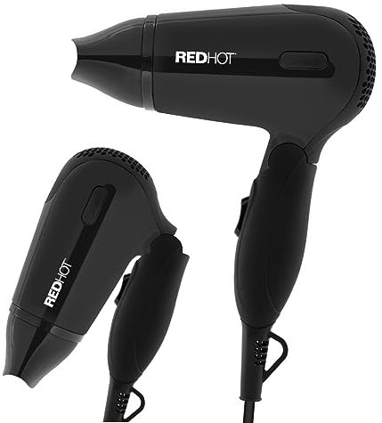 Red Hot 37079 1200W Travel Hair Dryer with Folding Handle/Dual Voltage / 2 Heat Settings/Compact & Lightweight/Black