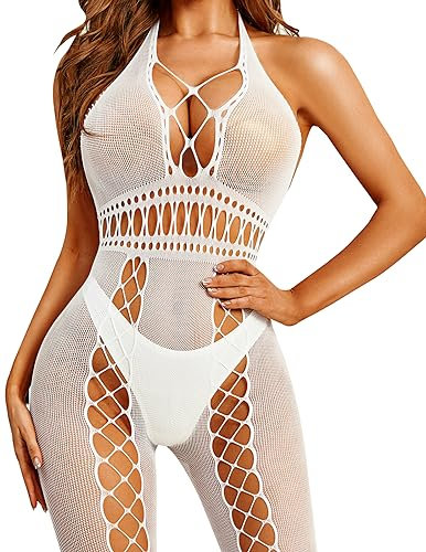 RSLOVE Sexy Lingerie for Women Mesh Bodystocking Fishnet Bodysuit Babydoll Nightwear White