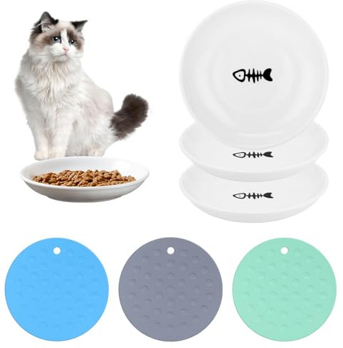 Gamelle pour Chat, 3 Pièces Gamelle Chat en Céramique avec 3 Tapis Antidérapants, Assiette Chat Fatigue des Whiskers, Bol pour Chats Chatons Petit Chien
