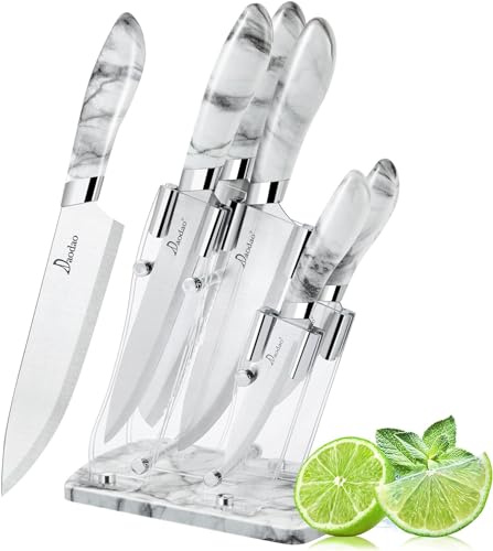 Küchenmesser-Set aus Acryl – 5-teiliges Messerset, transparente Messerbasis und Edelstahlklinge, für Schälmesser, Allzweckmesser, Tranchiermesser, Brotmesser und Küchenmesser (Marmormuster)