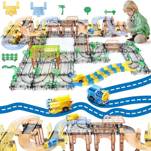 JONRRYIN Schienen Auto und Zug Set, Rennstrecken Spielzeug, Autorennbahn Mit Elektrischem Zug, Kreatives Kinderspielzeug für 3-11 Jahre (132 Stück)